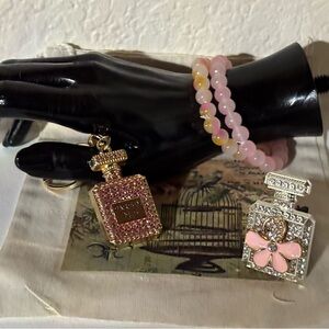 BUNDLE: Pink Perfume Bottle Keychain, Bracelets, Pink & Jeweled Car Freshener